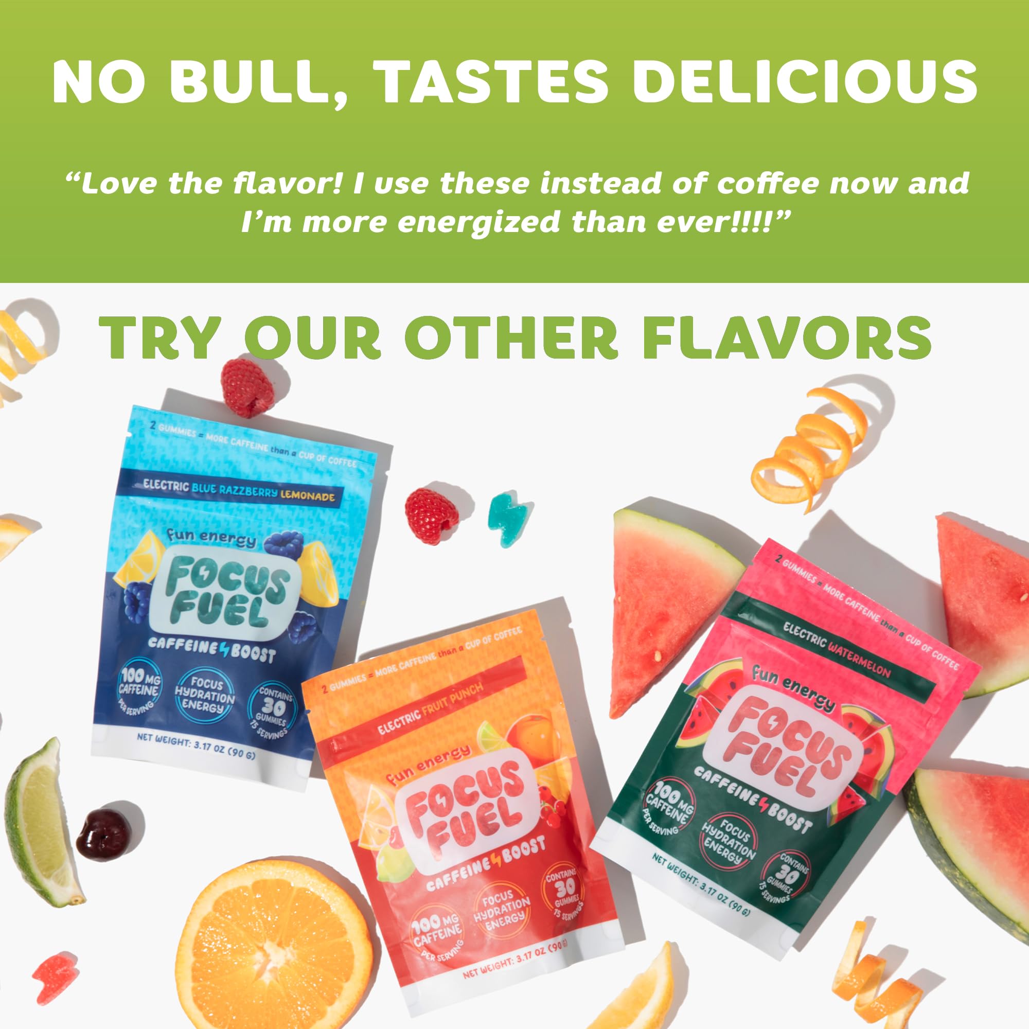 FocusFuel masticable partido mostrando jugo real y sabor natural