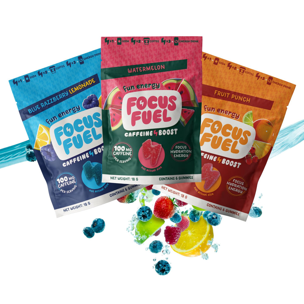 FocusFuel pack frontal mostrando sabores y diseño, energía portátil