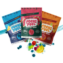 FocusFuel pack frontal mostrando sabores y diseño, energía portátil