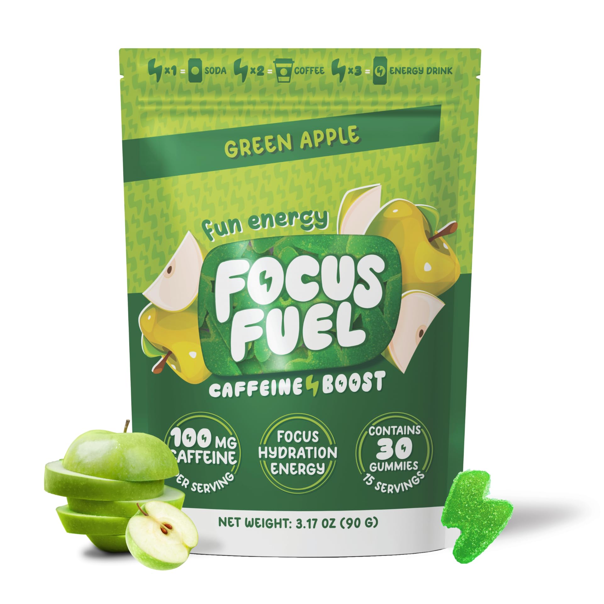 FocusFuel envase frontal manzana verde mostrando diseño y porciones