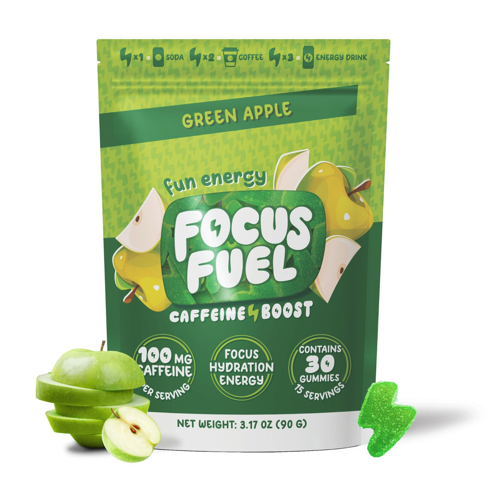 FocusFuel envase frontal manzana verde mostrando diseño y porciones