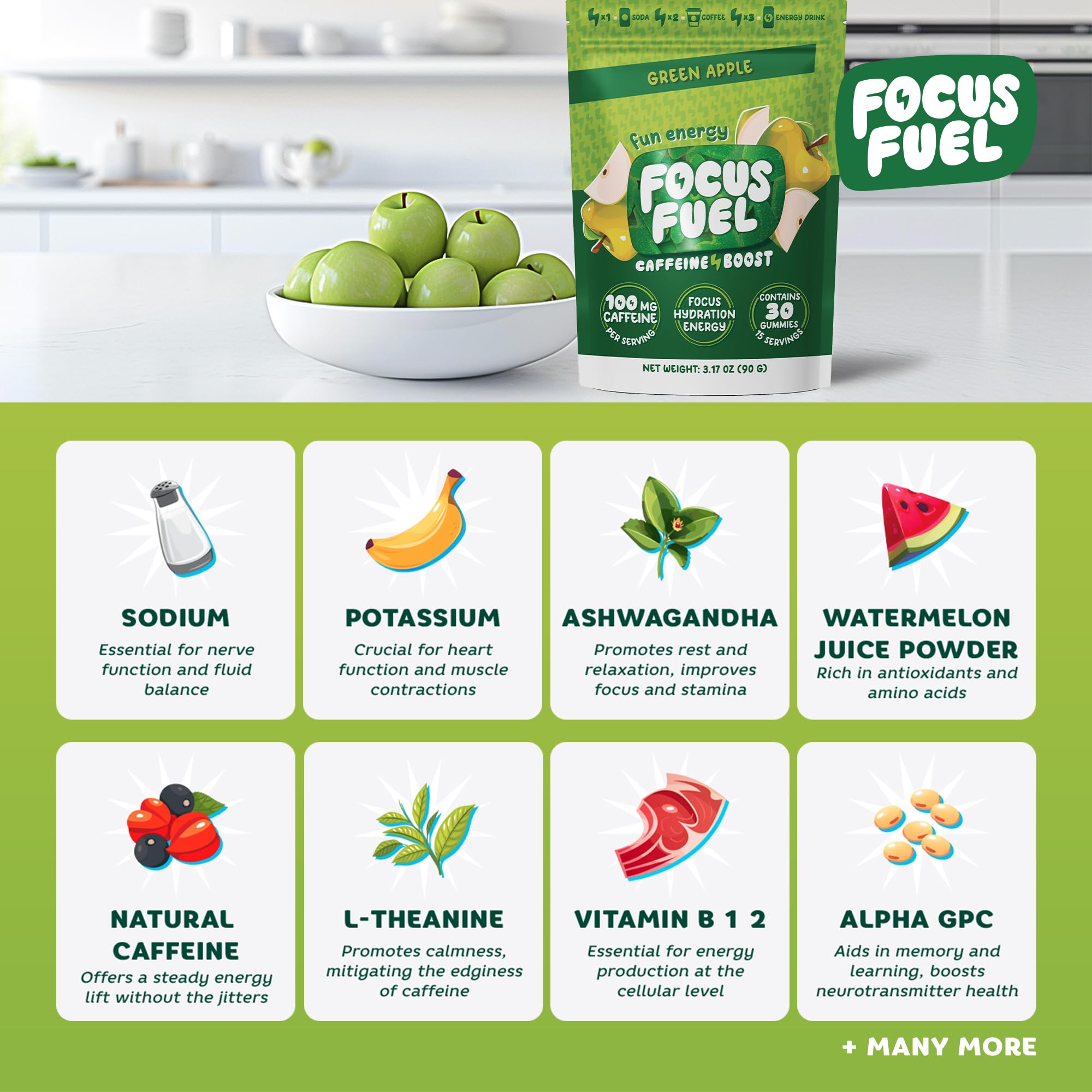FocusFuel masticable sobre escritorio junto a portátil para concentración