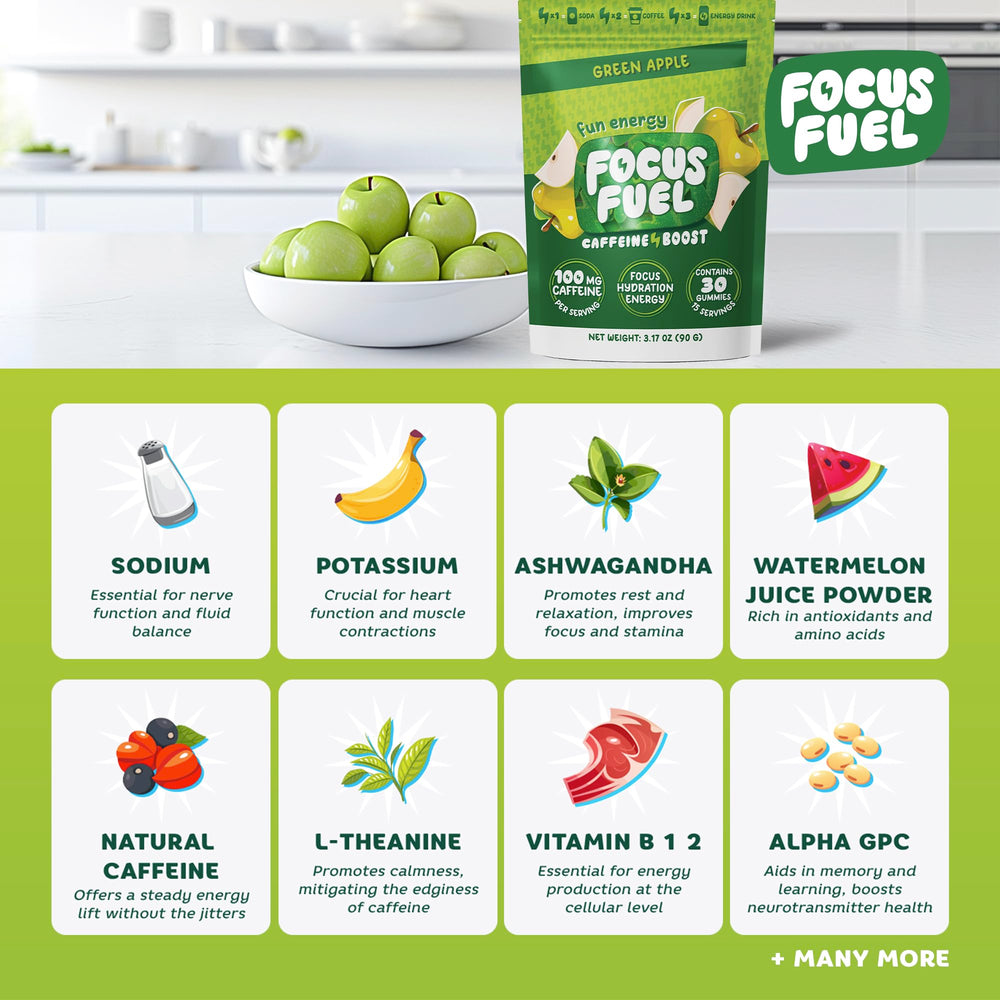 FocusFuel masticable sobre escritorio junto a portátil para concentración