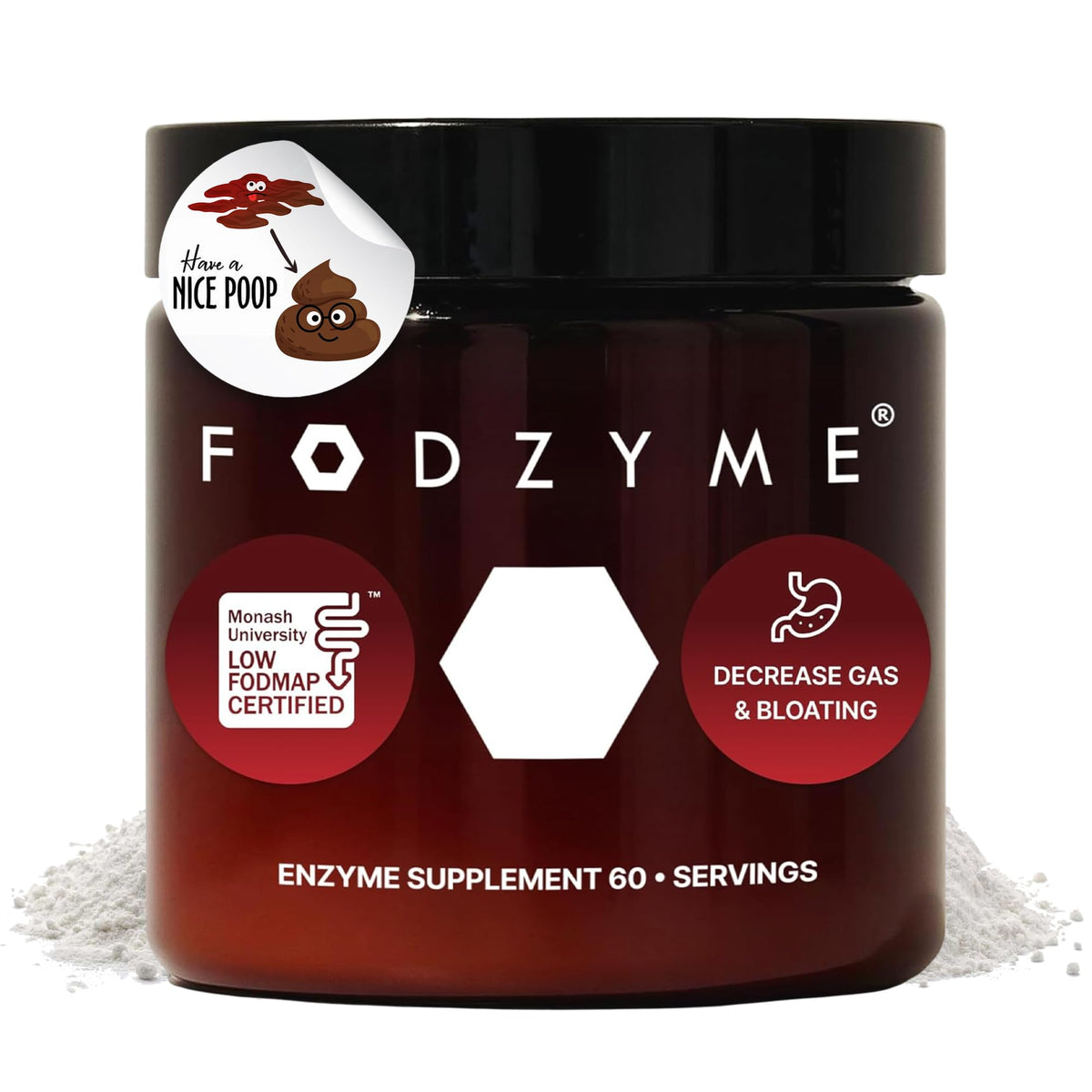 FODZYME envase frontal mostrando 60 dosis y diseño claro