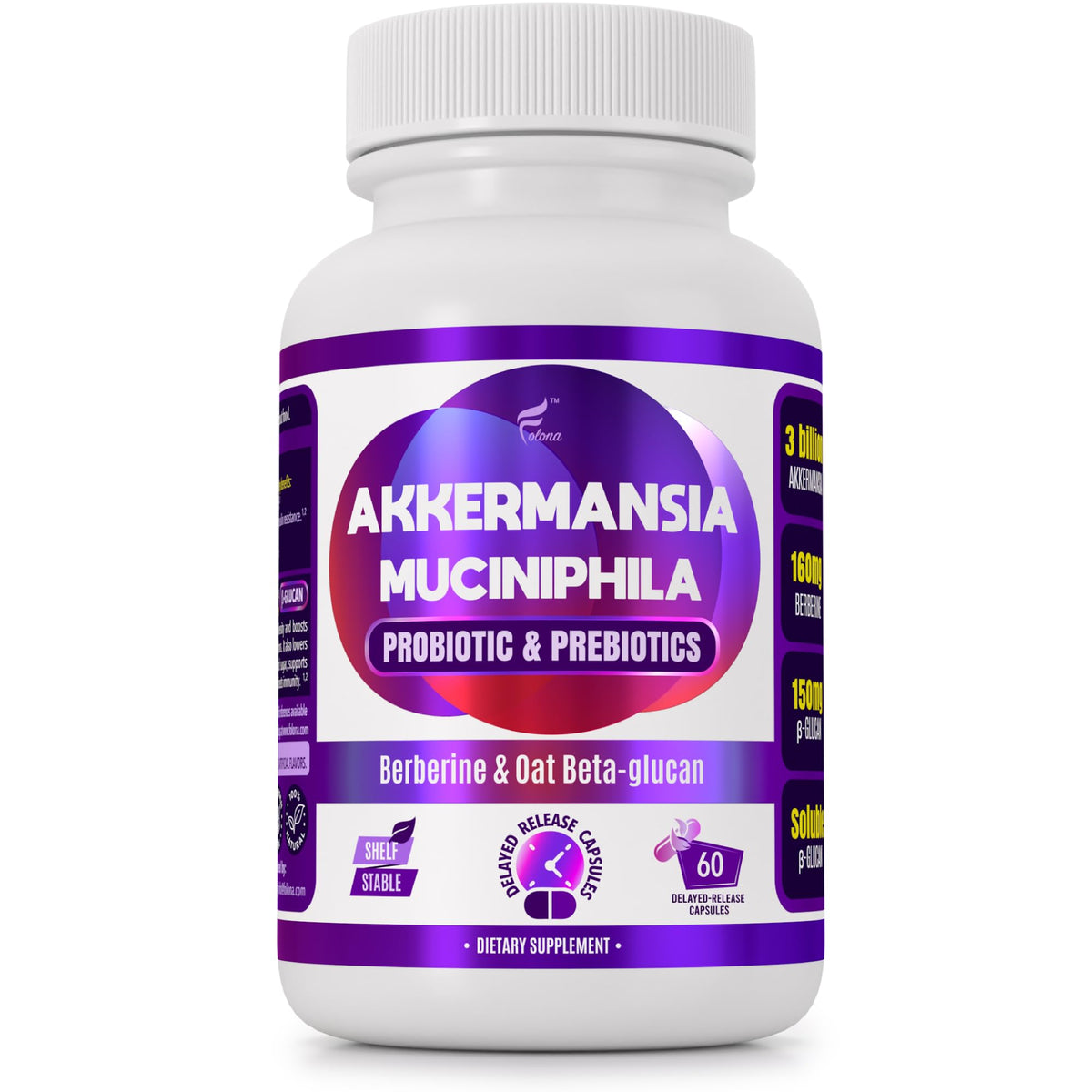 FOLONA empaque frontal mostrando 60 cápsulas y beneficios de salud intestinal