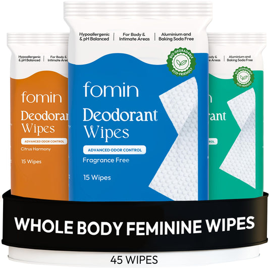 FOMIN pack frontal mostrando 45 toallitas y cierre resealable, práctico para viajes
