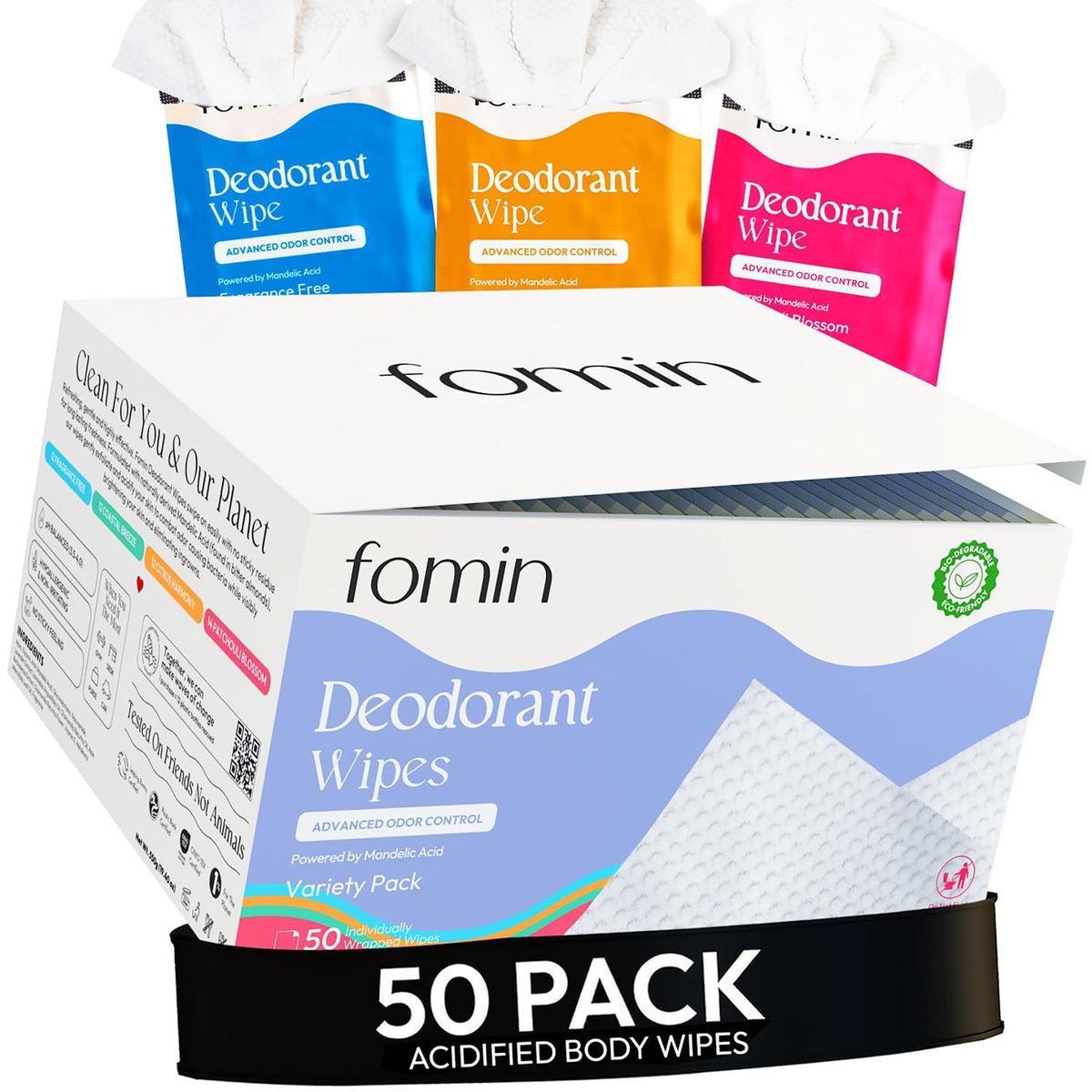 FOMIN paquete frontal mostrando 50 unidades y beneficio conveniencia