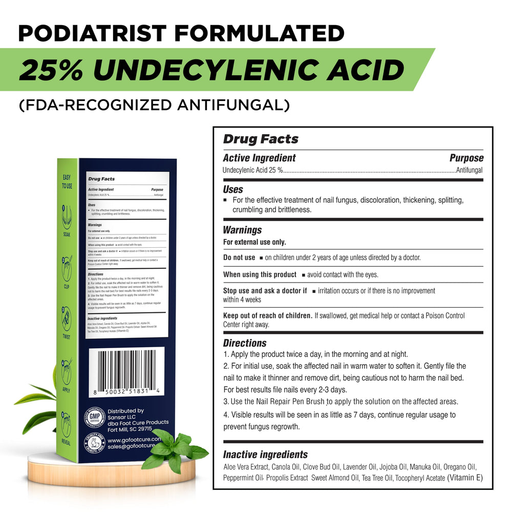 FOOT CURE estuche abierto con ingredientes listados, calidad y trazabilidad