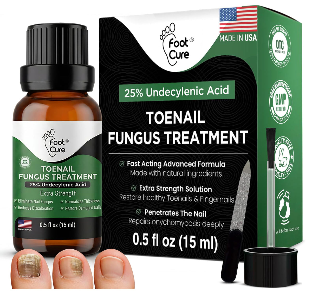 Foot Cure frasco frontal mostrando etiqueta y aplicación precisa