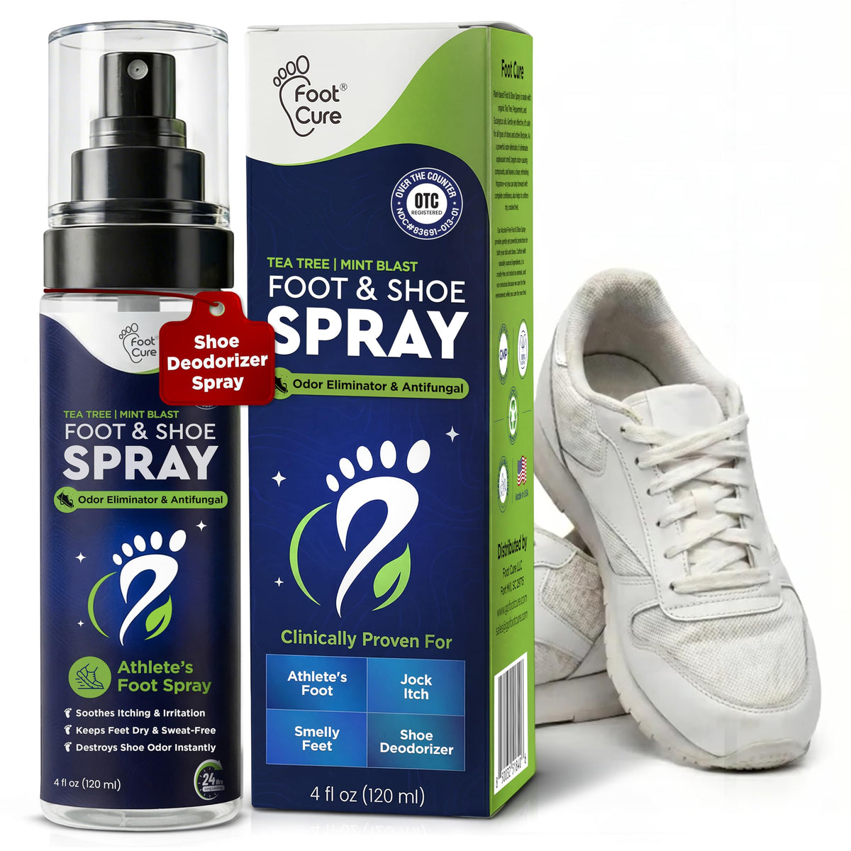 FOOT CURE envase frontal 120ml mostrando el spray y beneficio refrescante