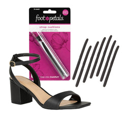 Foot Petals paquete frontal mostrando 8 almohadillas negras y beneficio comodidad