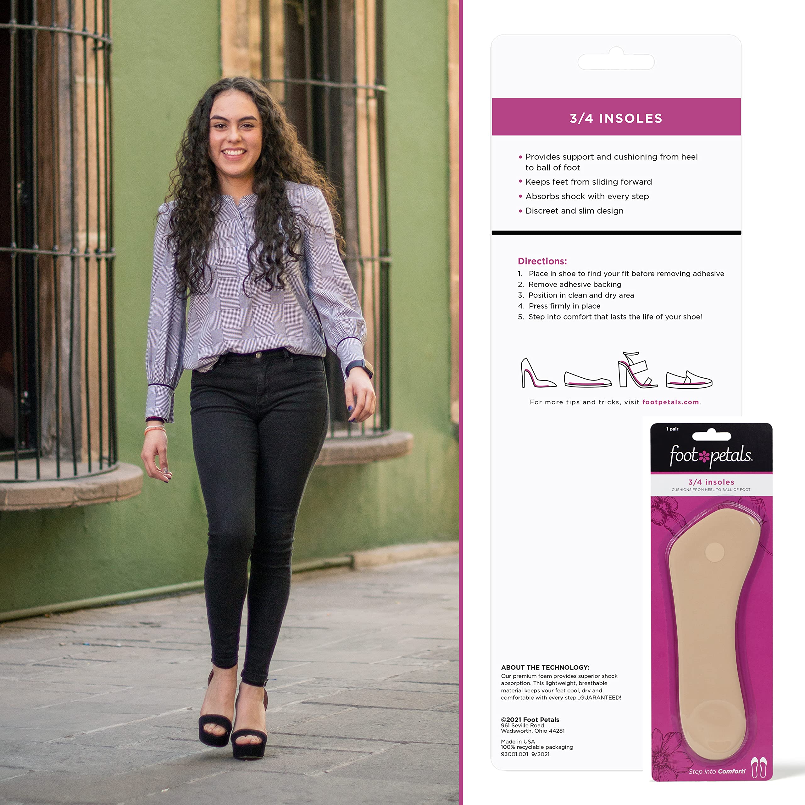Foot Petals empaque y etiqueta con instrucciones y beneficio adhesivo