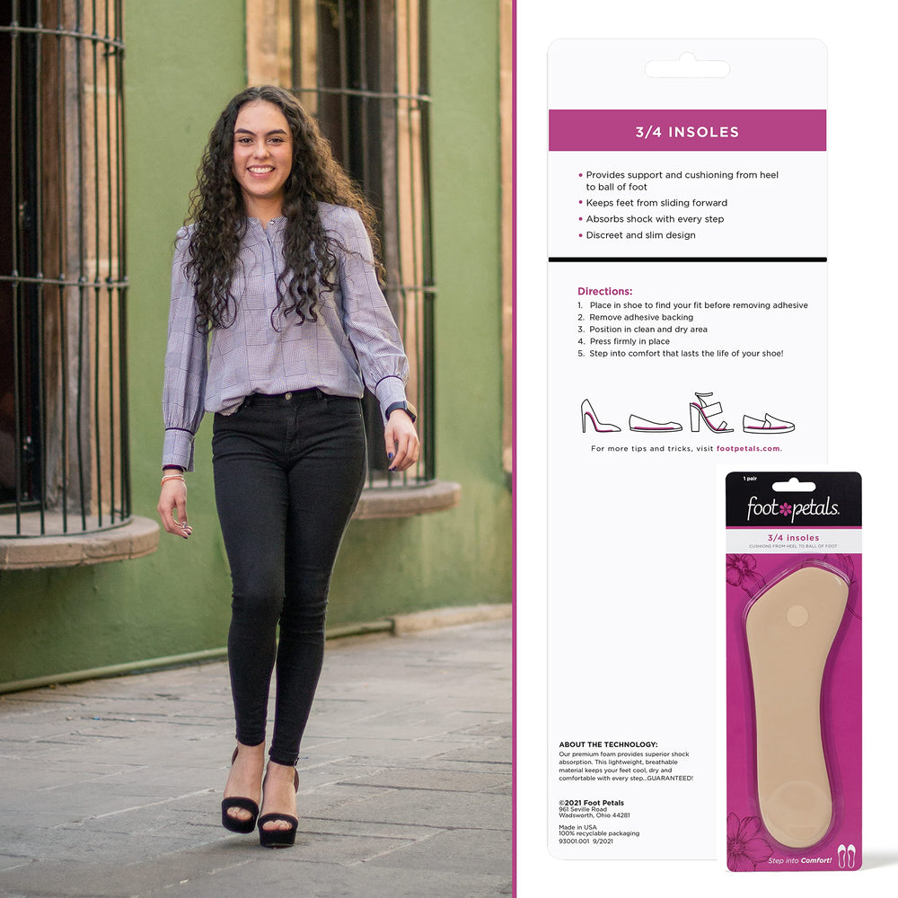 Foot Petals empaque y etiqueta con instrucciones y beneficio adhesivo