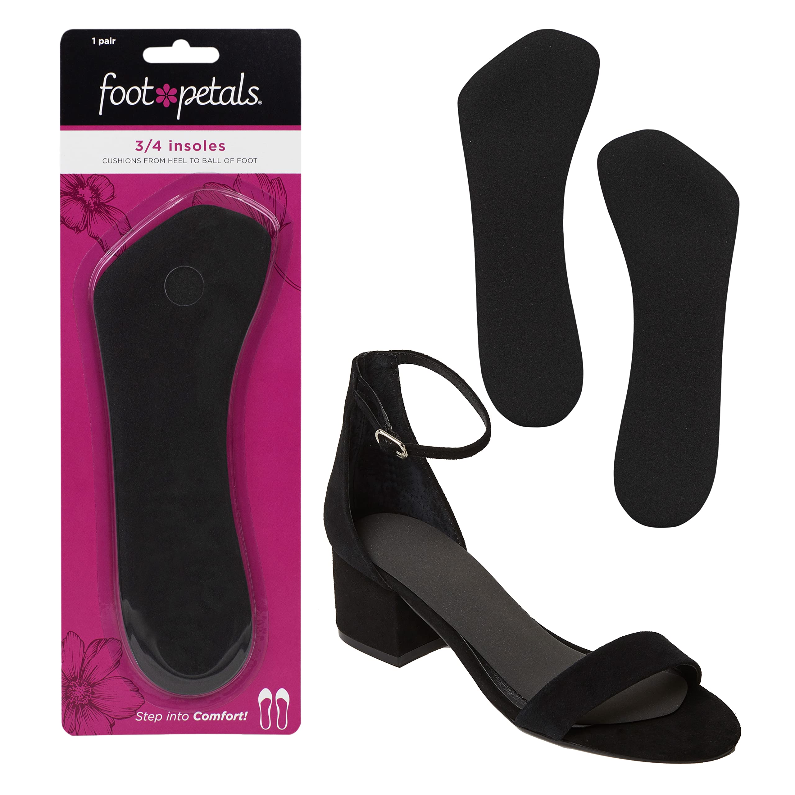 Foot Petals empaque frontal del par negro mostrando tamaño y presentación, comodidad inmediata