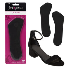 Foot Petals empaque frontal del par negro mostrando tamaño y presentación, comodidad inmediata