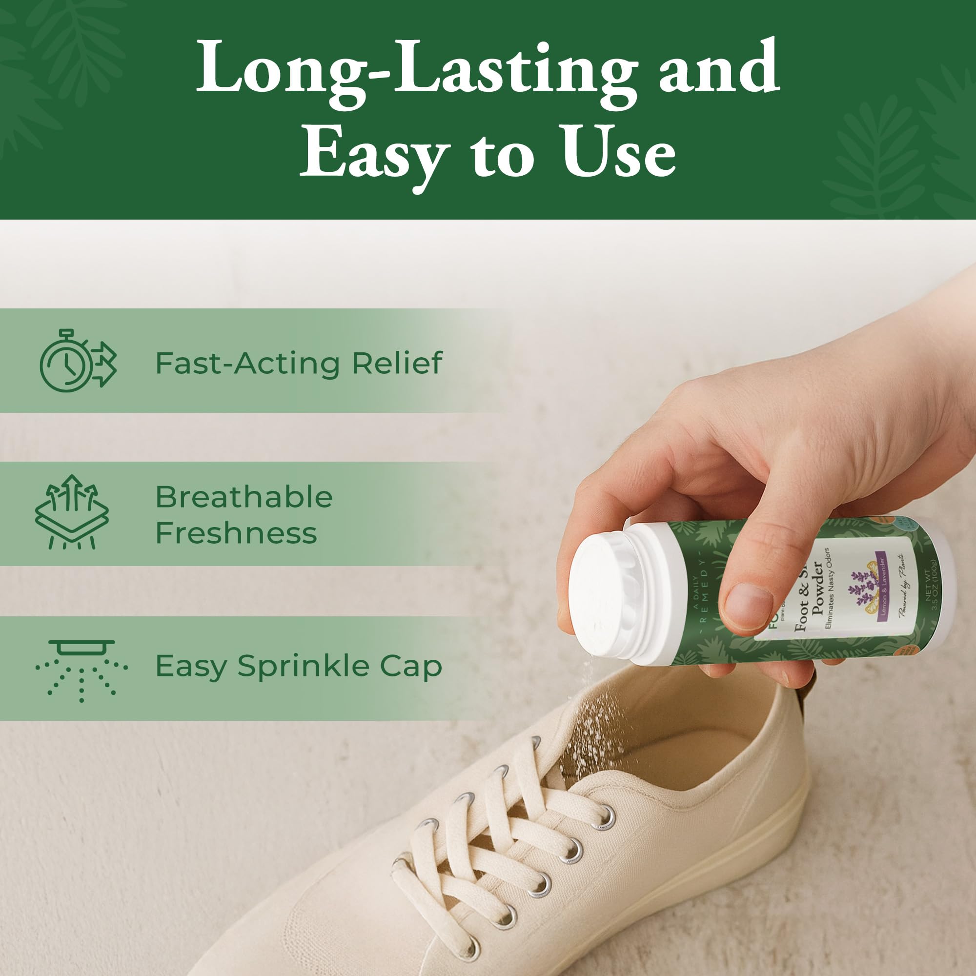 Foot Sense envase 100 g junto a mano para comparar tamaño práctico