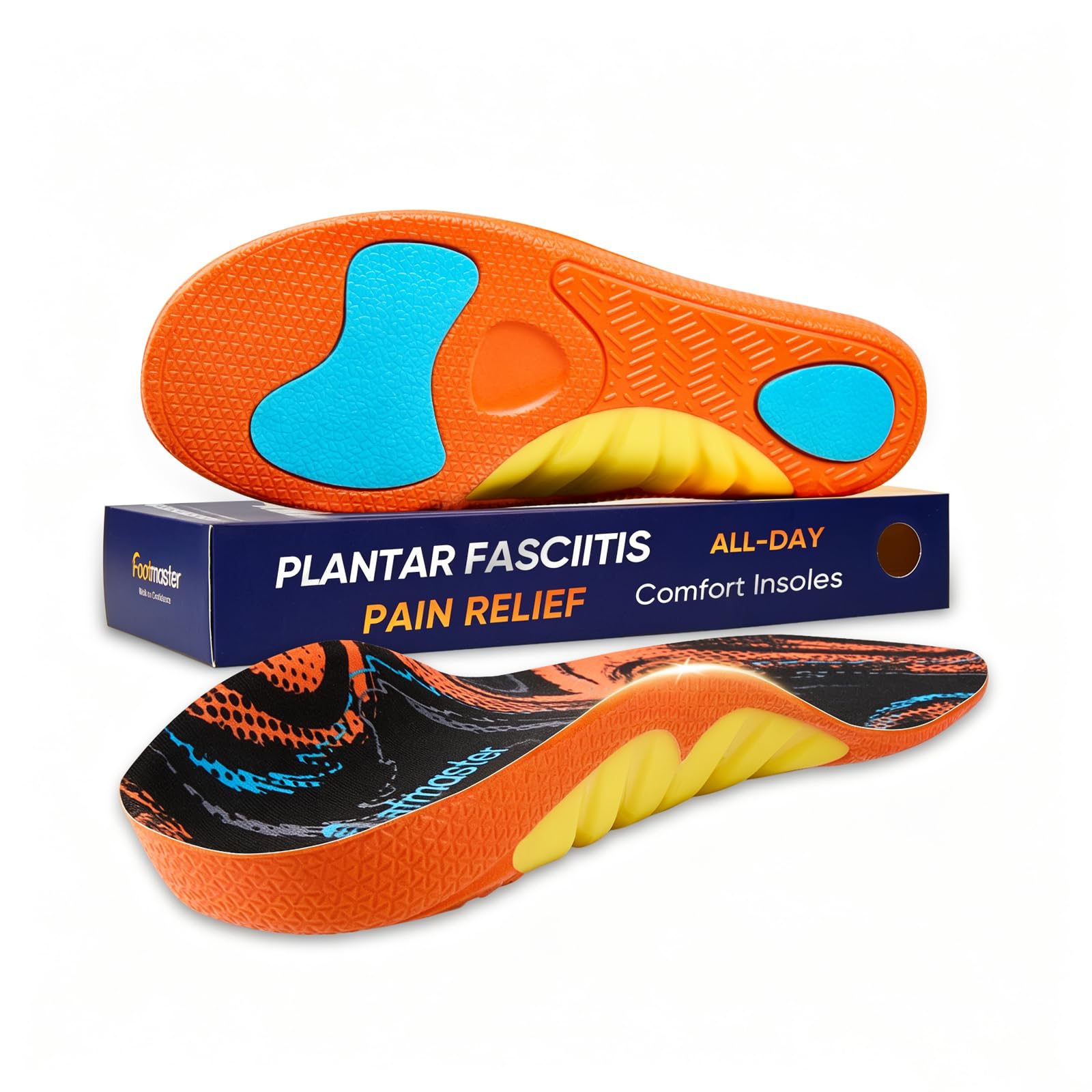 FootMaster vista frontal del empaque mostrando soporte y beneficios
