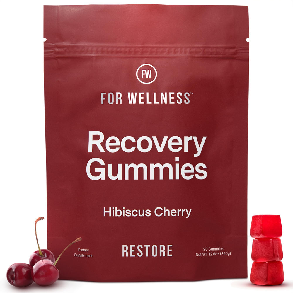 For Wellness paquete frontal de Recovery Gummies Restore mostrando el envase y sabor