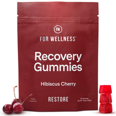 For Wellness paquete frontal de Recovery Gummies Restore mostrando el envase y sabor