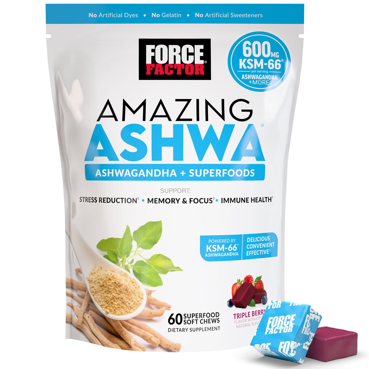 Force Factor empaque frontal mostrando el producto y beneficios visibles