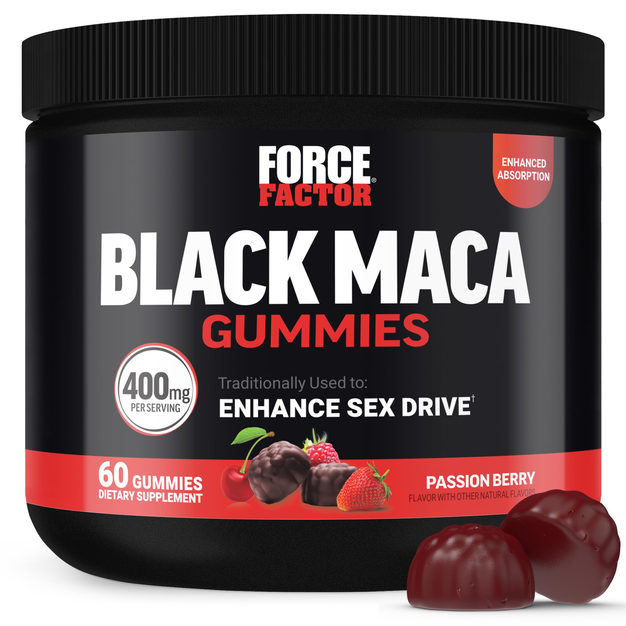 Force Factor envase frontal de Black Maca Gummies muestra presentación y beneficios