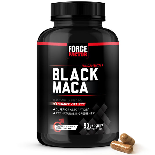 Force Factor envase frontal mostrando maca negra y beneficio de energía