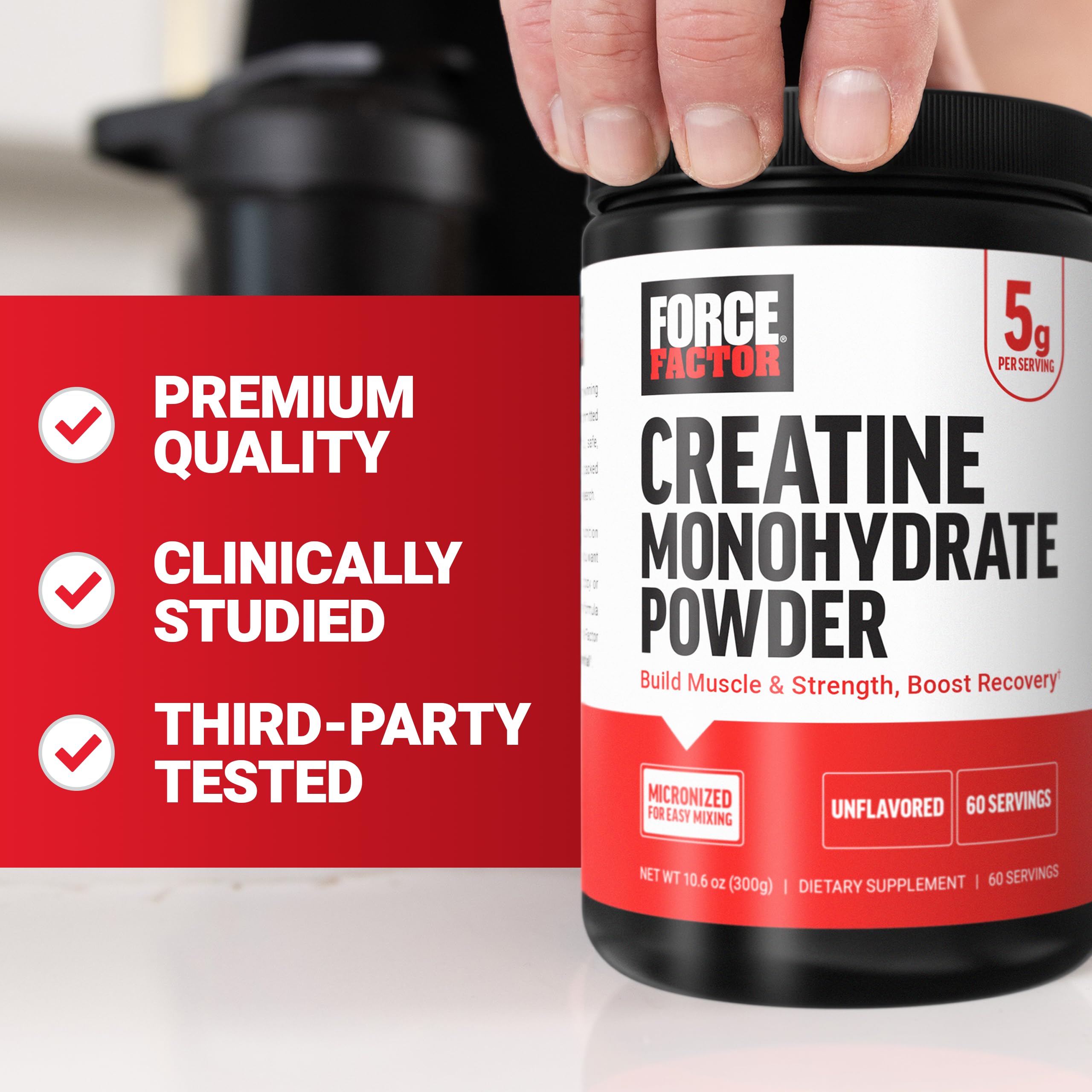 Materia prima de creatina Force Factor en primer plano, calidad USA