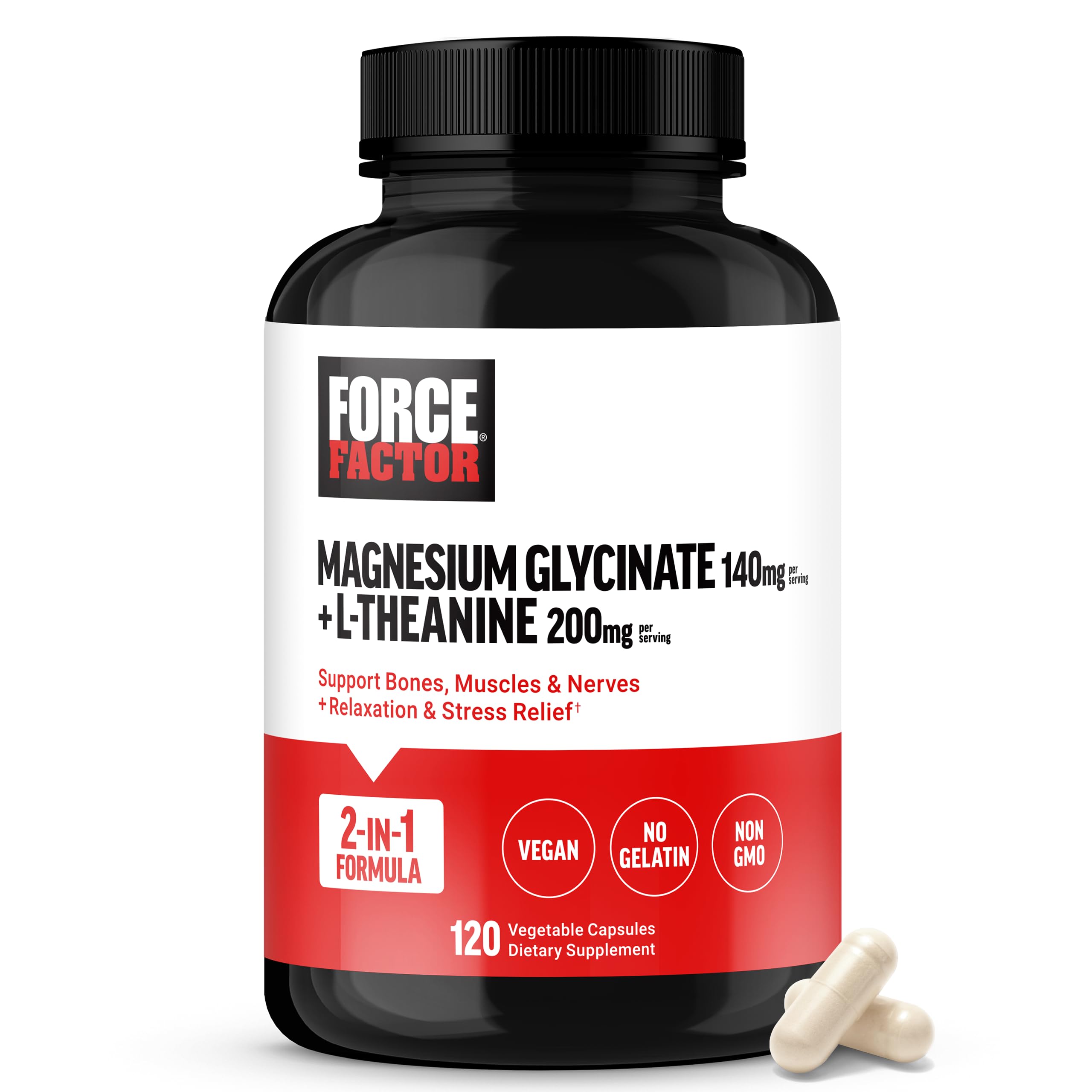 Force Factor envase frontal mostrando marca y beneficios para relajación