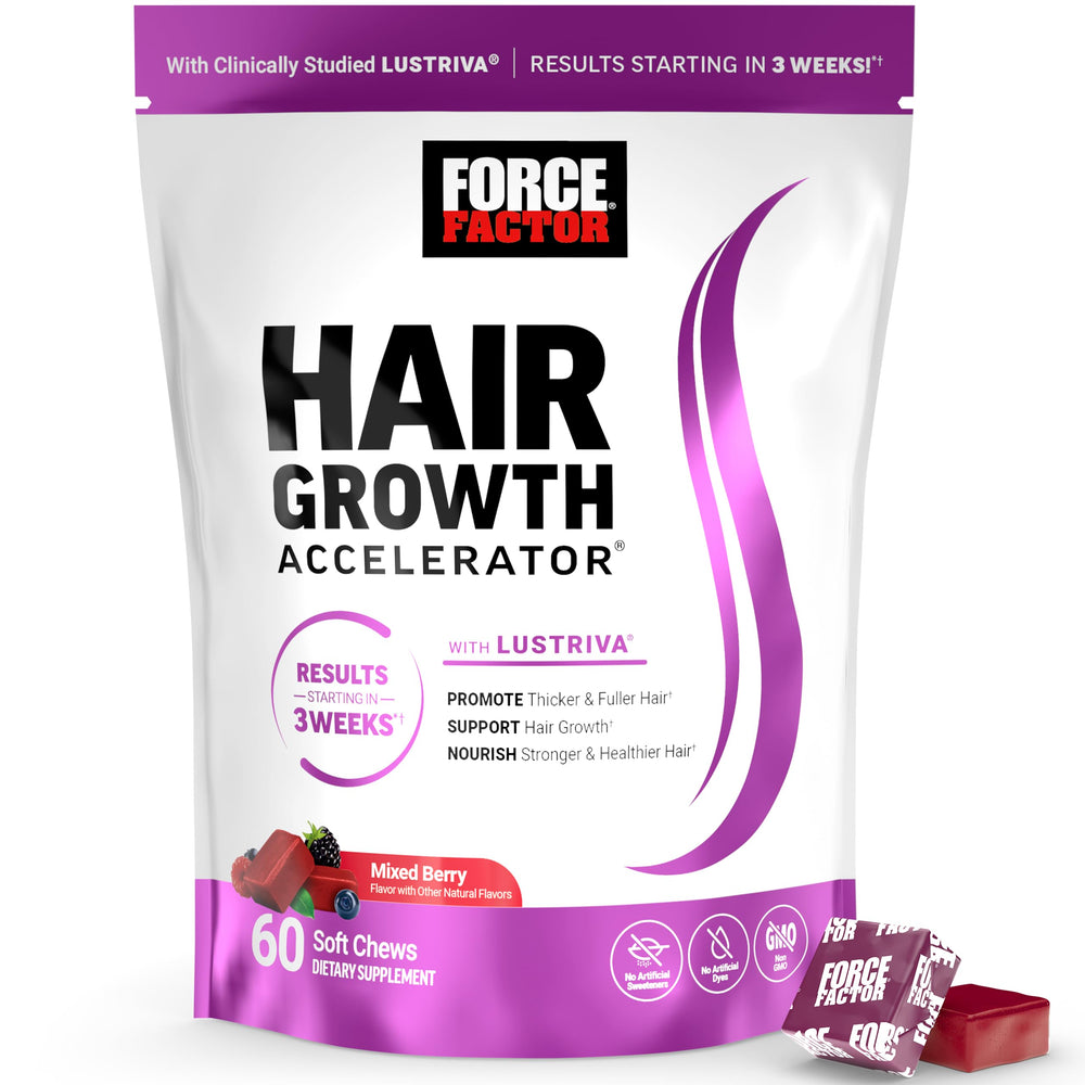 Force Factor envase frontal mostrando las gomitas y marca, conveniencia diaria