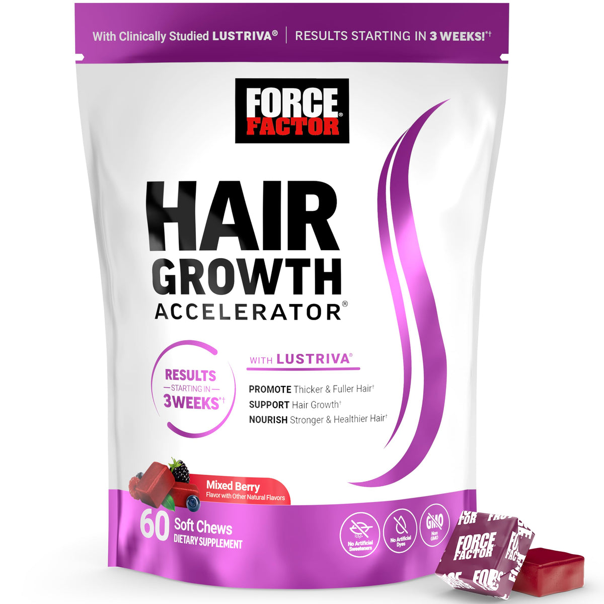 Force Factor envase frontal mostrando las gomitas y marca, conveniencia diaria