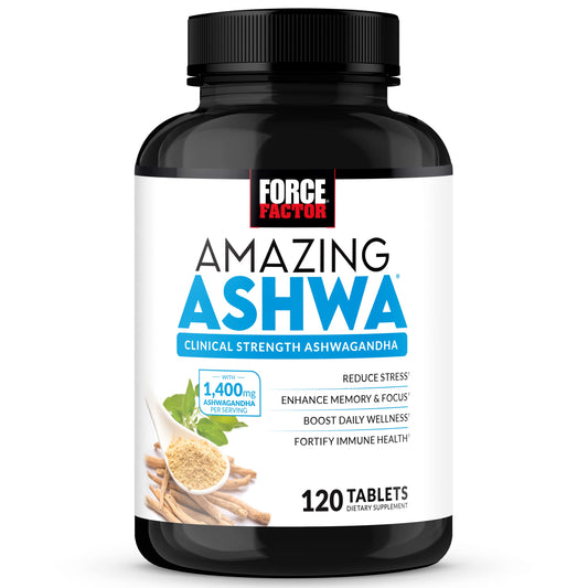 Force Factor empaque frontal de Amazing Ashwa mostrando fórmula premium