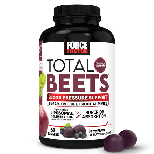 Force Factor envase frontal de Total Beets Gummies con etiqueta clara y beneficio visible