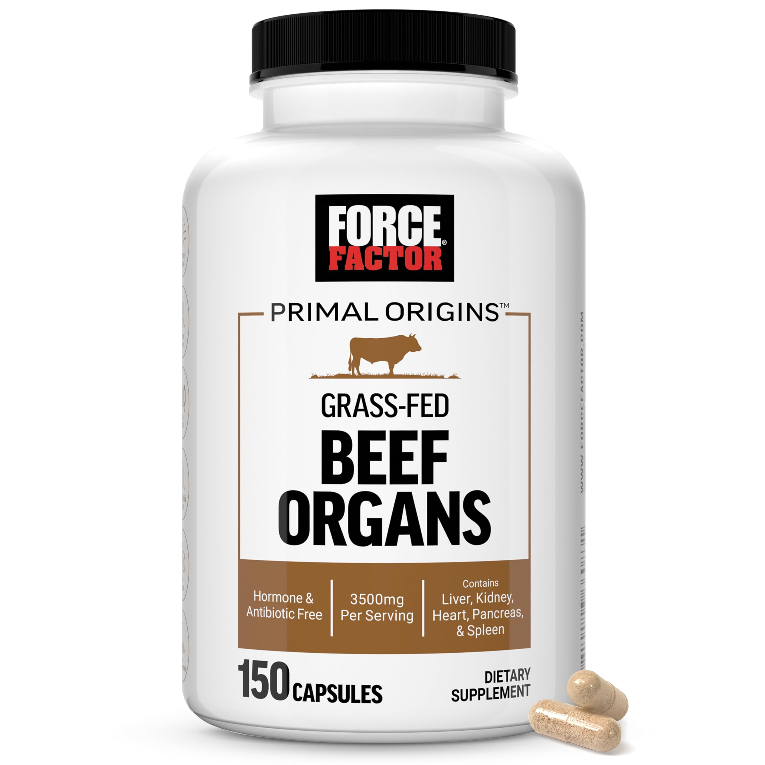 Force Factor envase frontal mostrando fórmula de órganos de vaca, conveniencia diaria