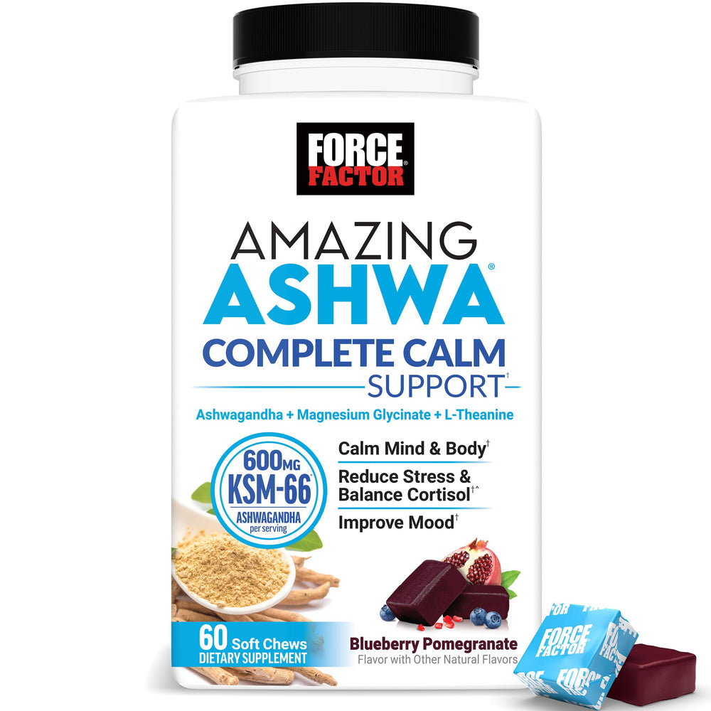 Force Factor paquete frontal de Amazing Ashwa que muestra conveniencia y marca