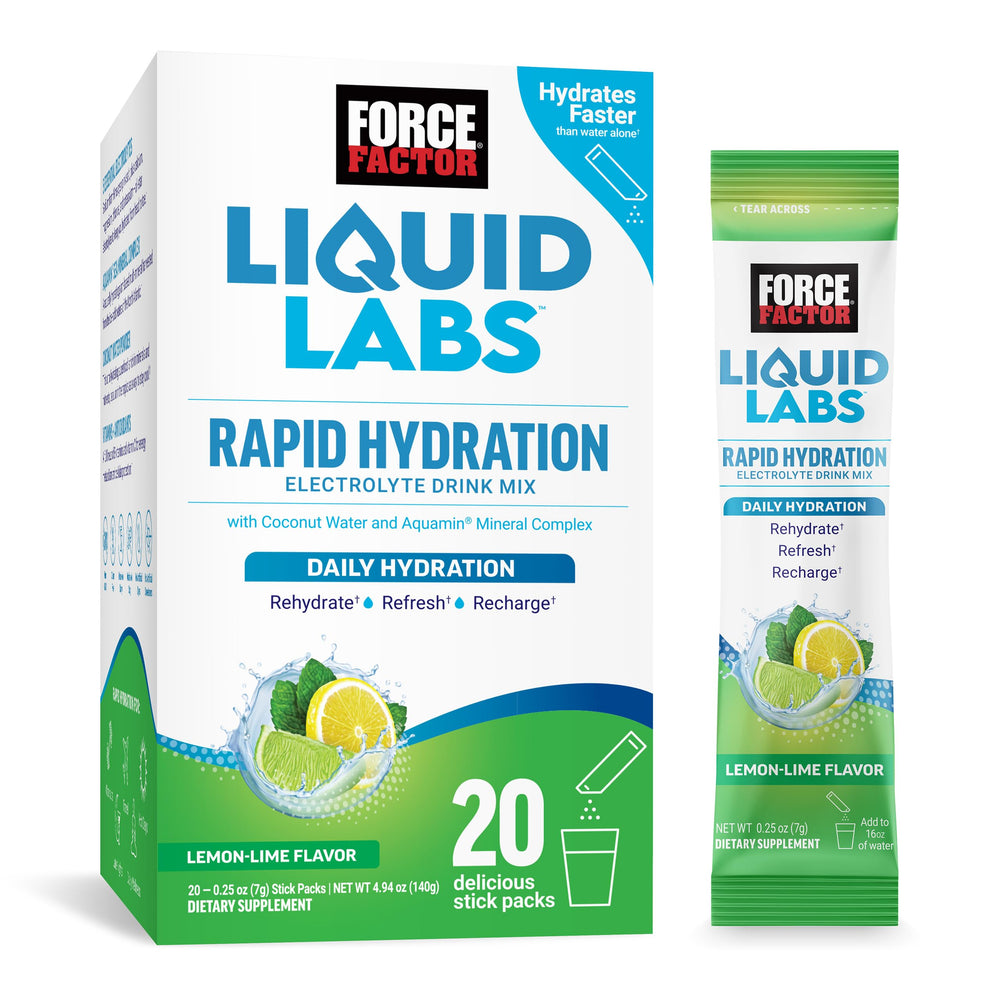 Force Factor paquete frontal Liquid Labs mostrando diseño y beneficio hidratación rápida