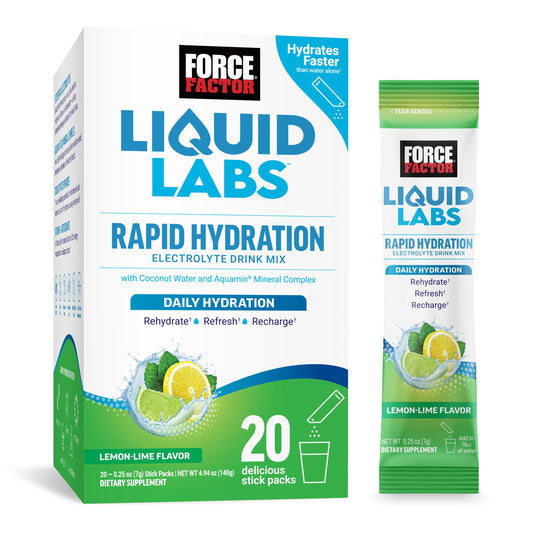 Force Factor paquete frontal Liquid Labs mostrando diseño y beneficio hidratación rápida