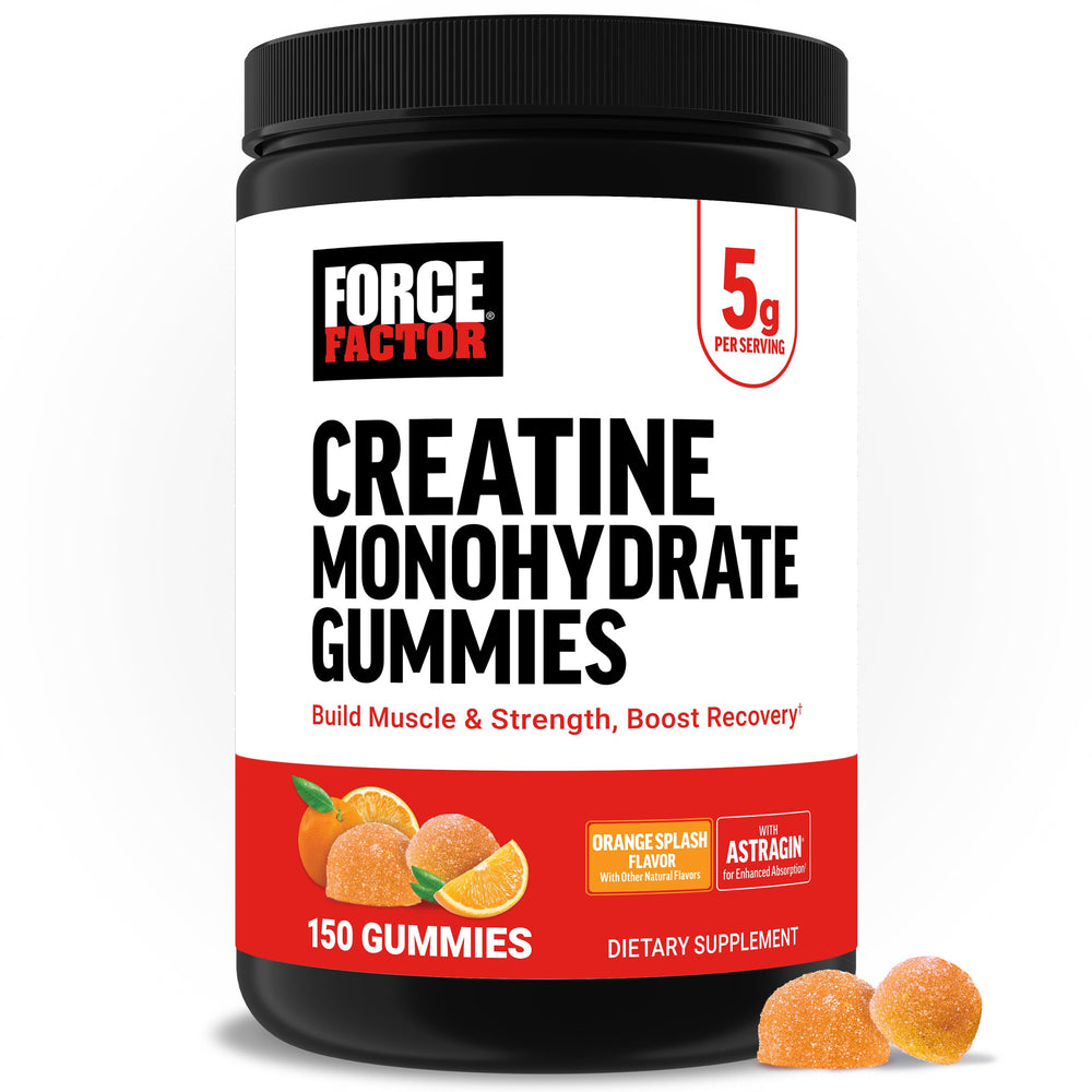 Force Factor envase frontal con gominolas naranja, presentación clara y conveniente