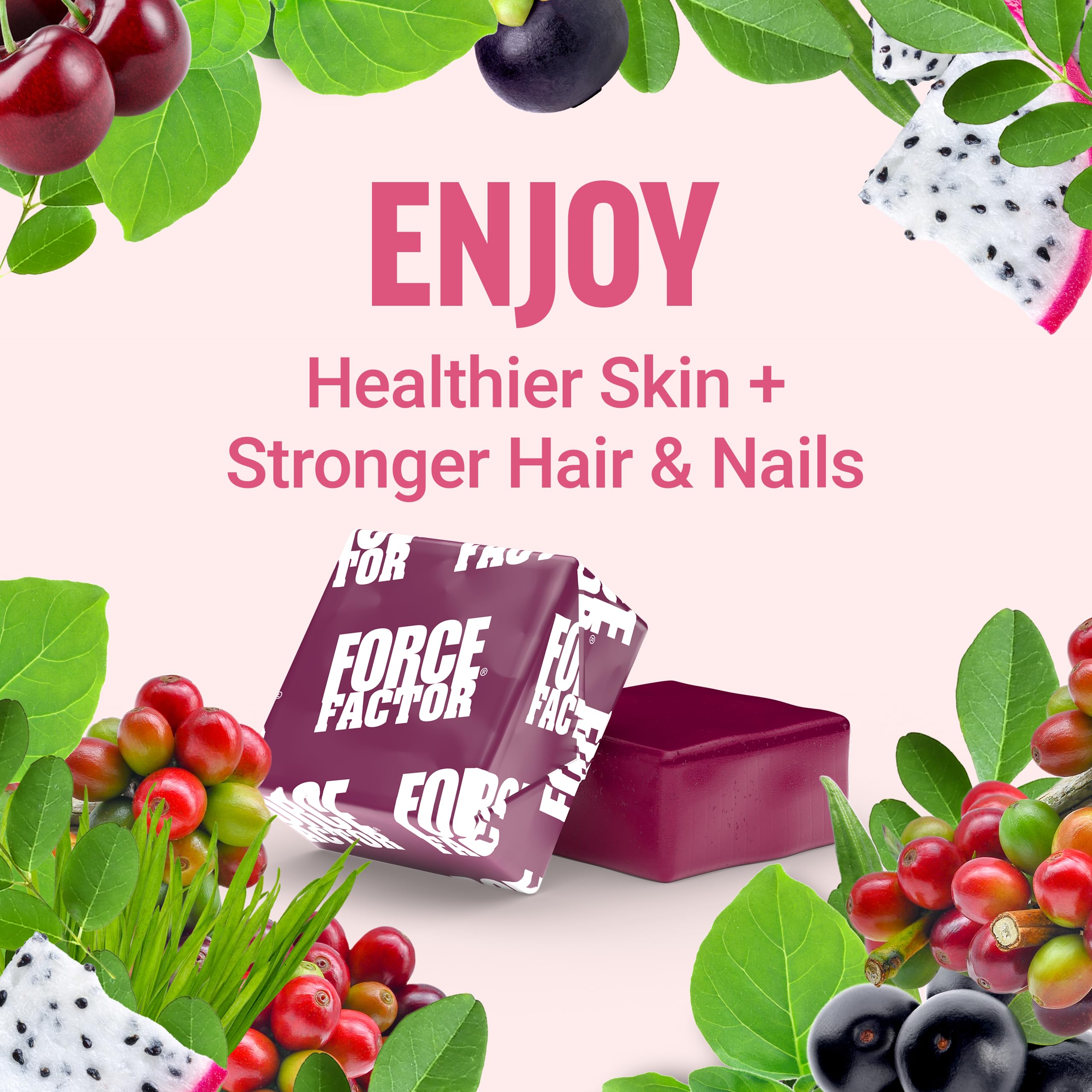 Force Factor masticable partido mostrando color y sabor frutal tropical
