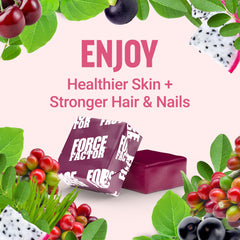 Force Factor masticable partido mostrando color y sabor frutal tropical