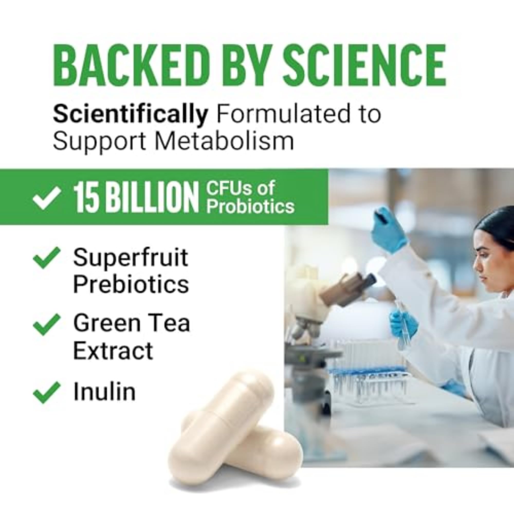 Force Factor ingredientes: inulina y EGCG que nutren probióticos y ayudan a equilibrio intestinal
