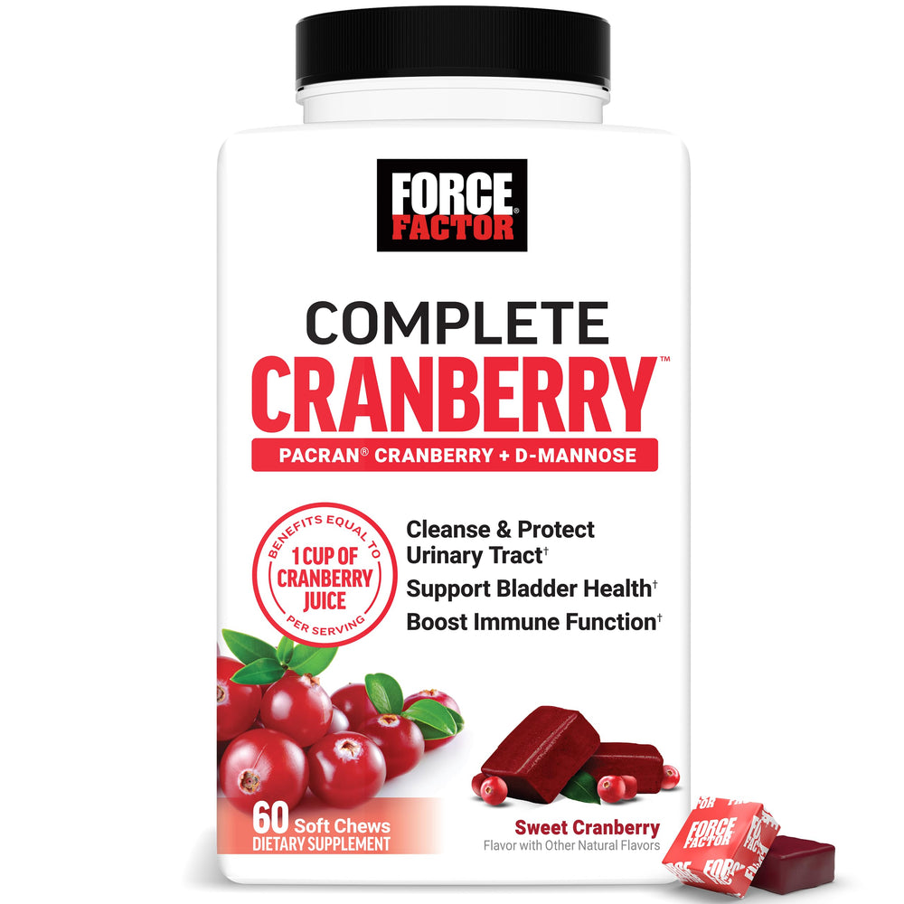 Force Factor paquete frontal que muestra caramelos masticables y beneficio práctico