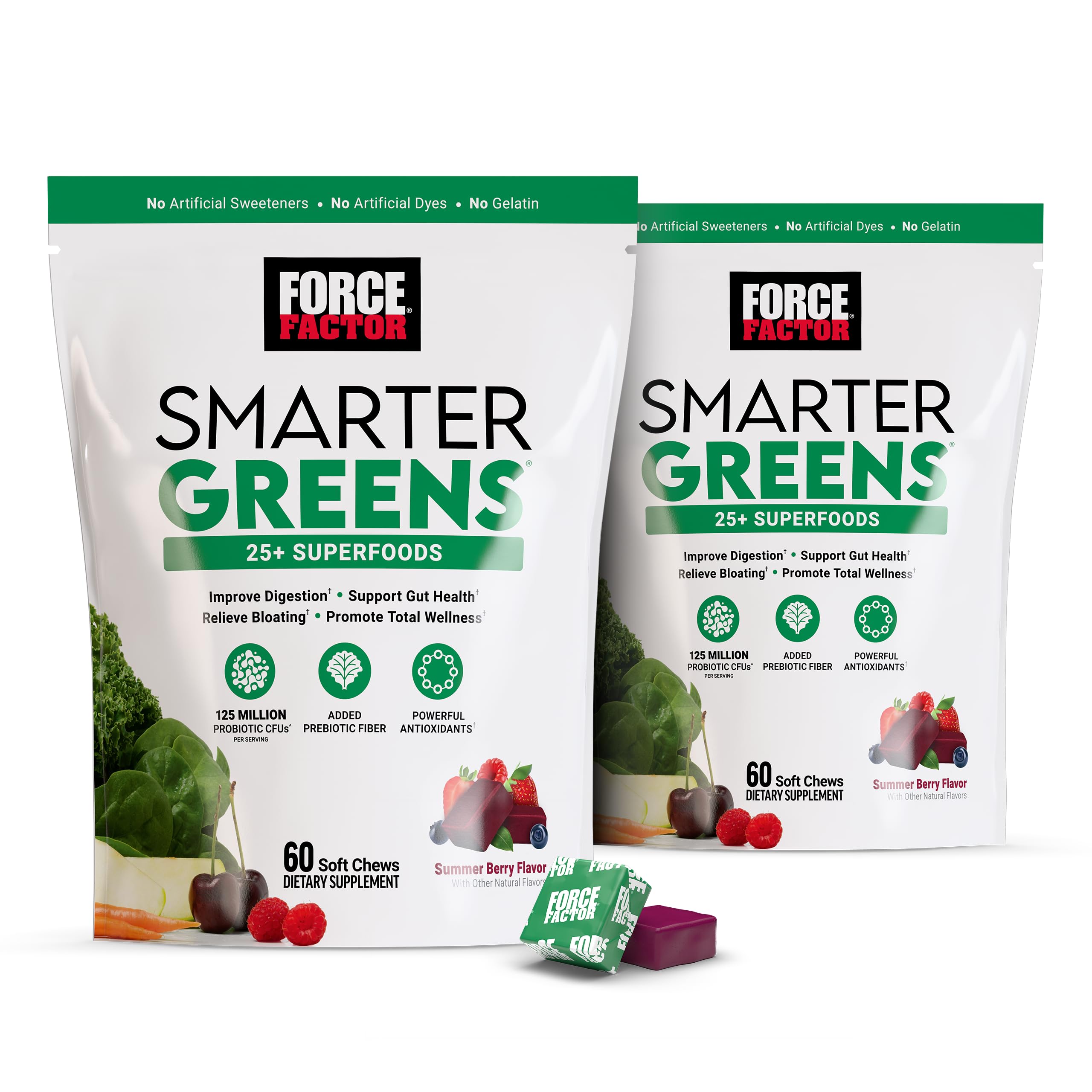 Force Factor envase frontal mostrando masticables y beneficio conveniencia