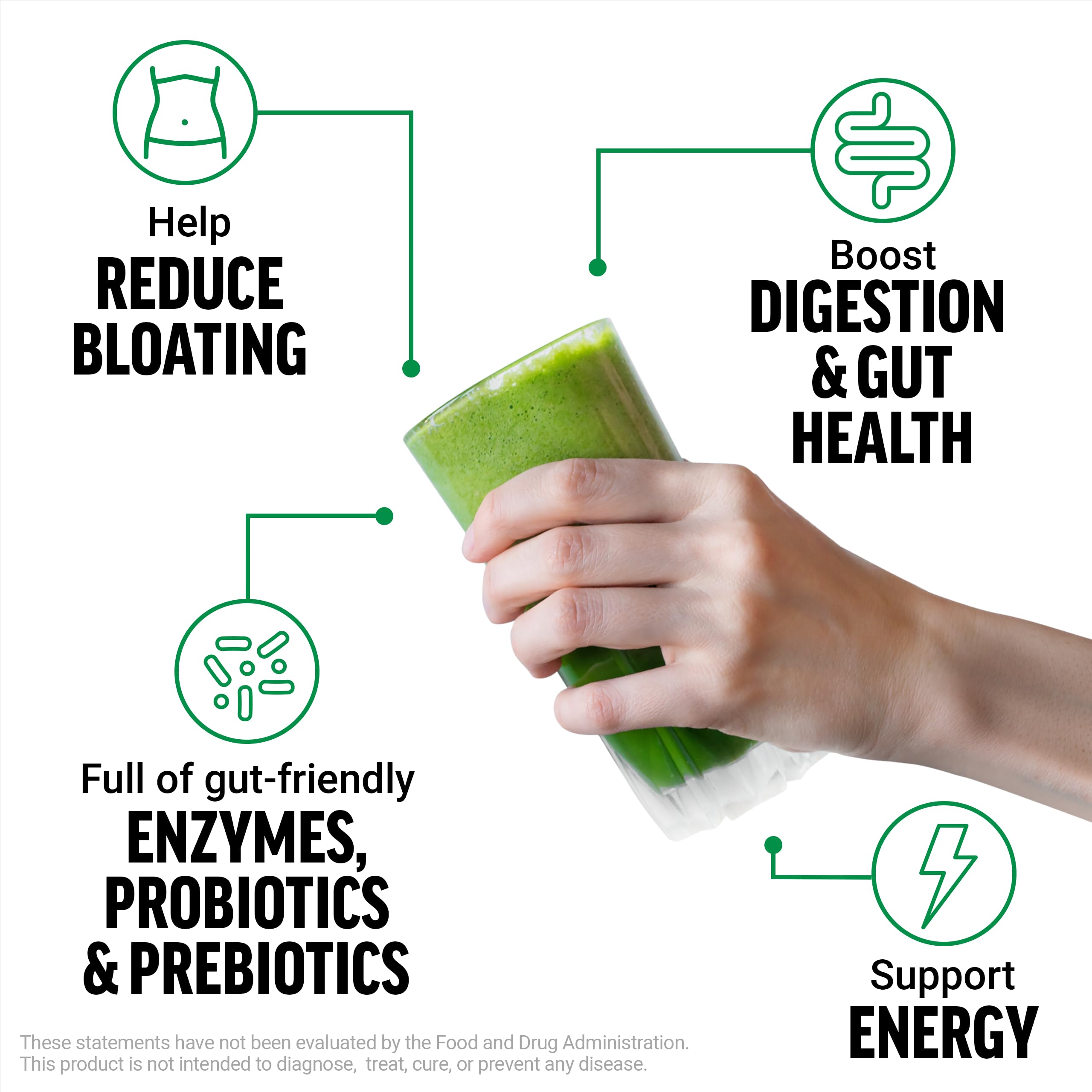Force Factor polvo Smarter Greens textura cercana enfatizando mezcla homogénea
