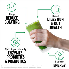 Force Factor polvo Smarter Greens textura cercana enfatizando mezcla homogénea