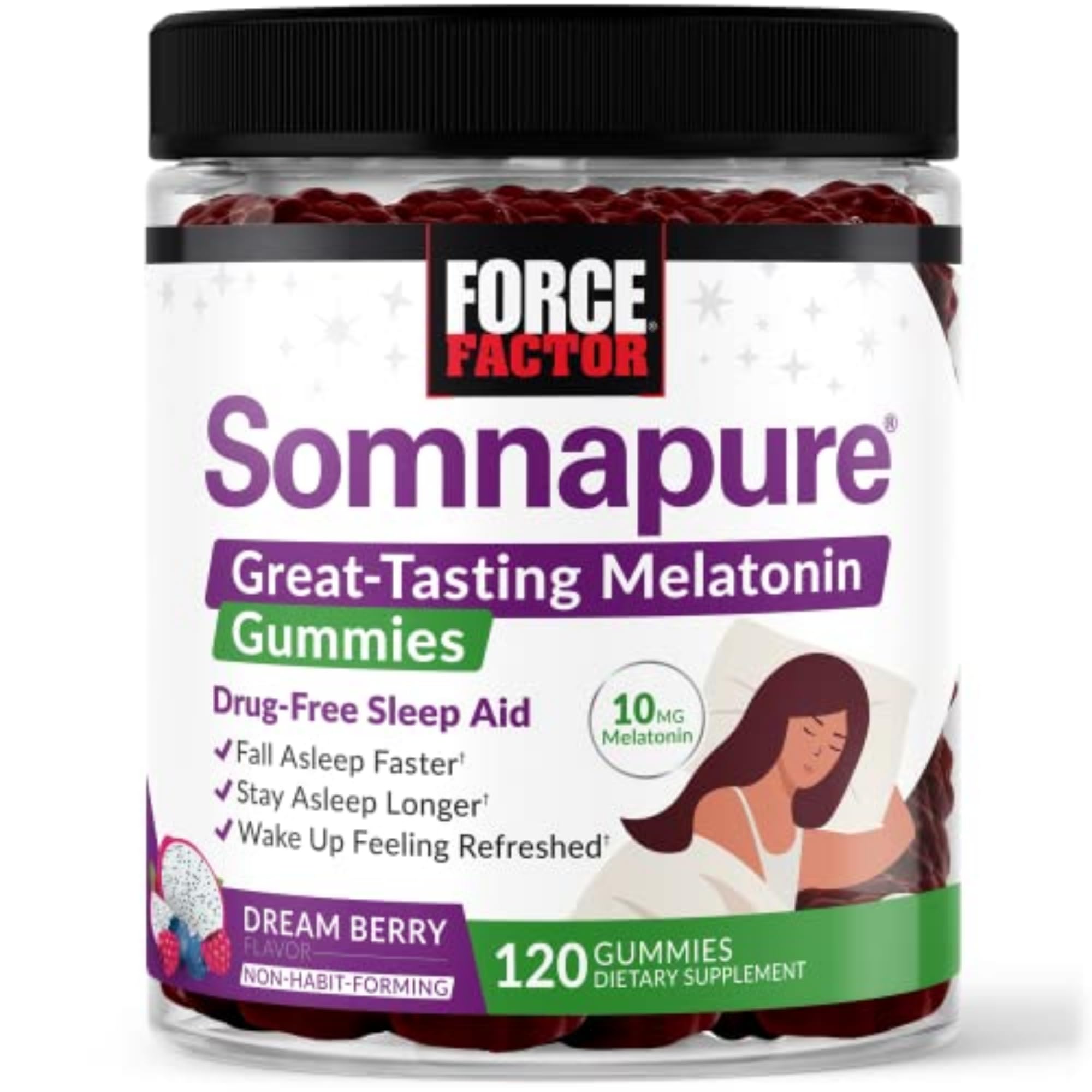 Force Factor empaque frontal mostrando gominolas y beneficio de sueño reparador
