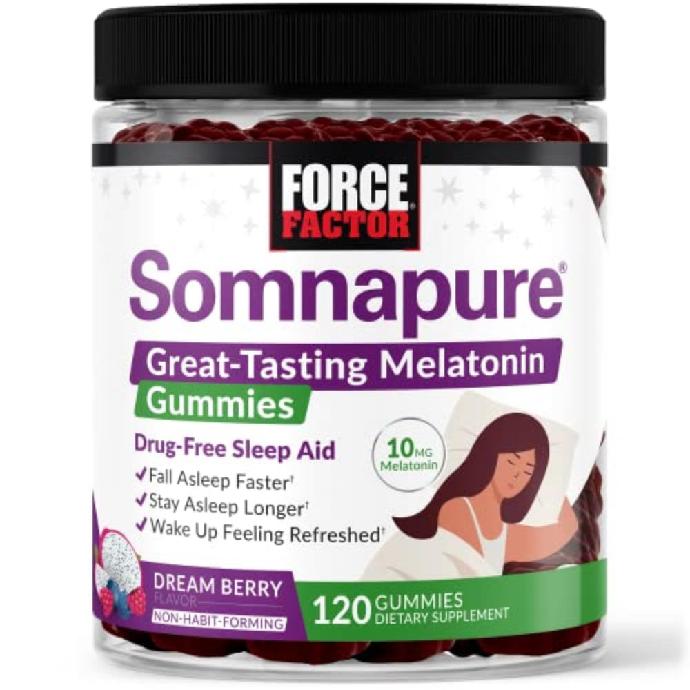 Force Factor empaque frontal mostrando gominolas y beneficio de sueño reparador