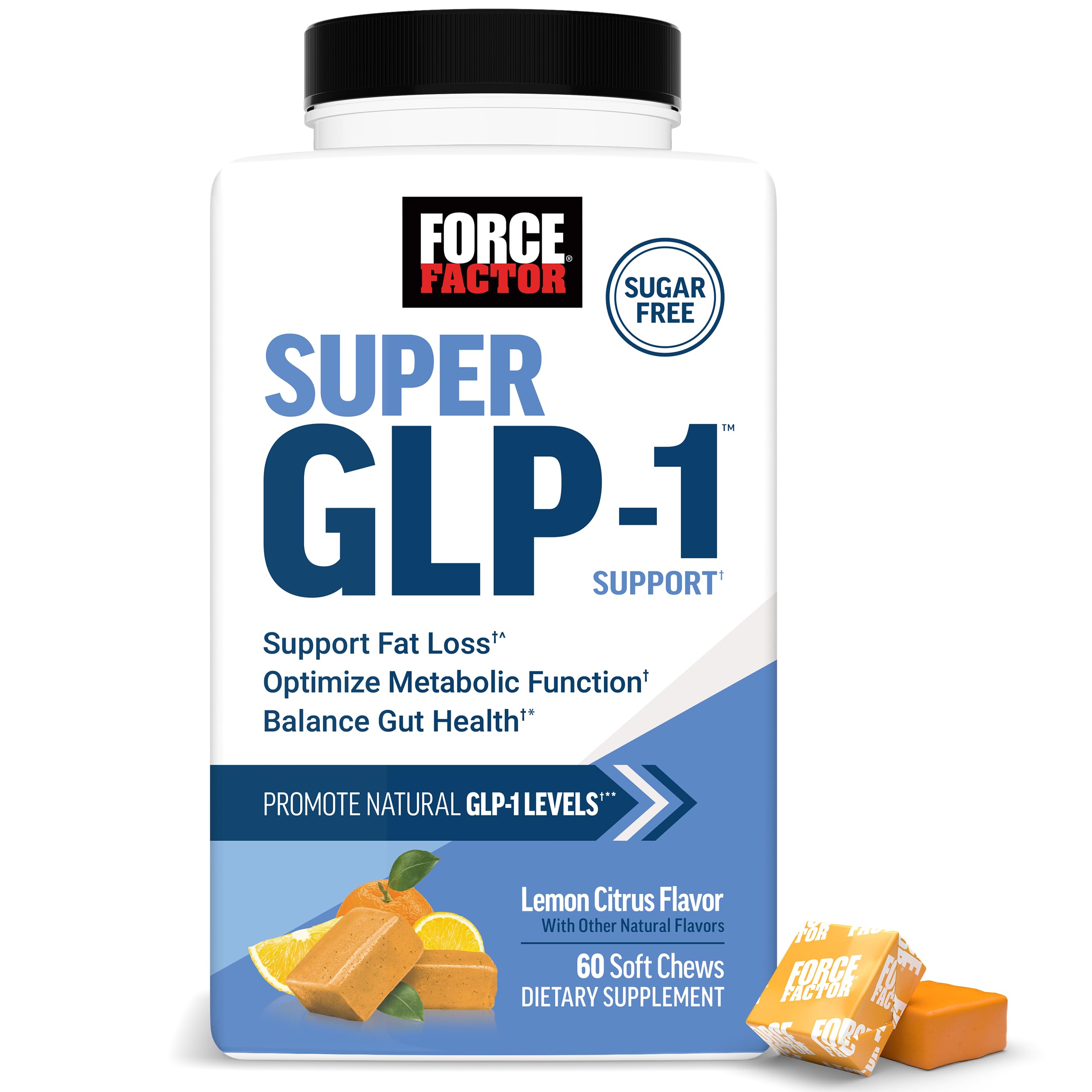 Force Factor envase frontal mostrando masticables limón y beneficios