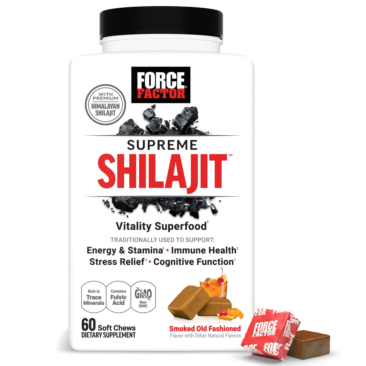 Force Factor envase frontal mostrando gomas premium y beneficios
