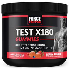 Force Factor envase frontal de Test X180 Gummies mostrando etiqueta y beneficios