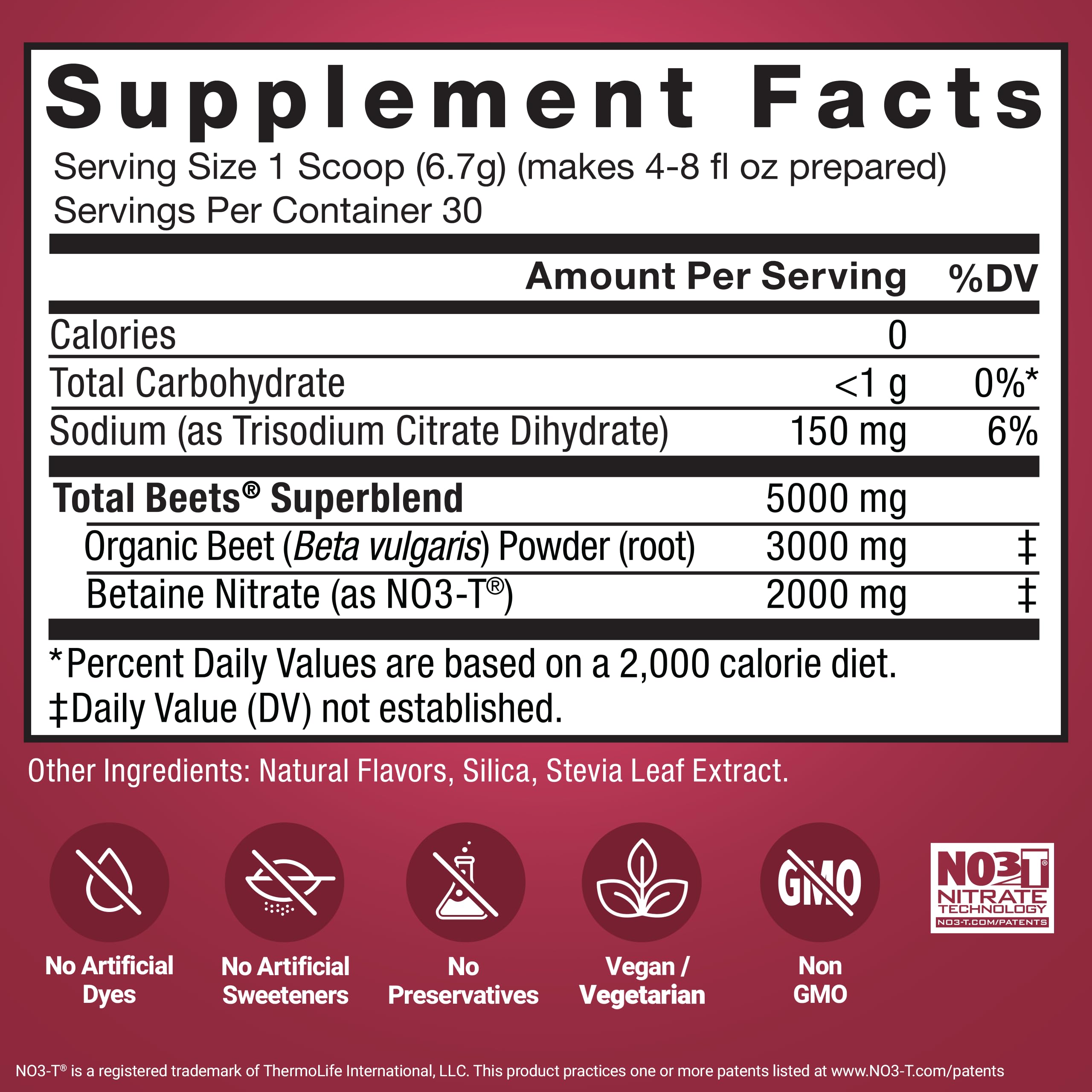 Etiqueta nutricional de Force Factor Total Beets indicando ingredientes y pureza
